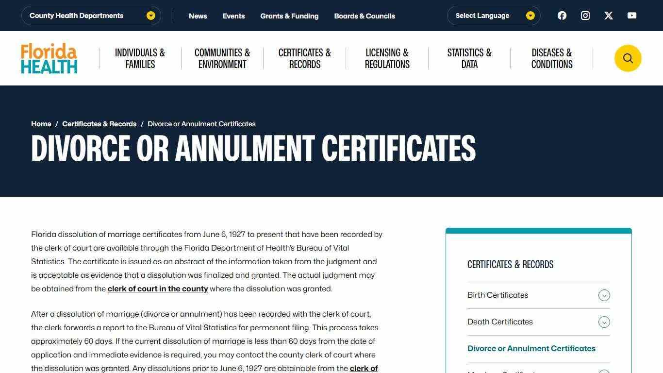Divorce or Annulment Certificates - Florida Department of Health